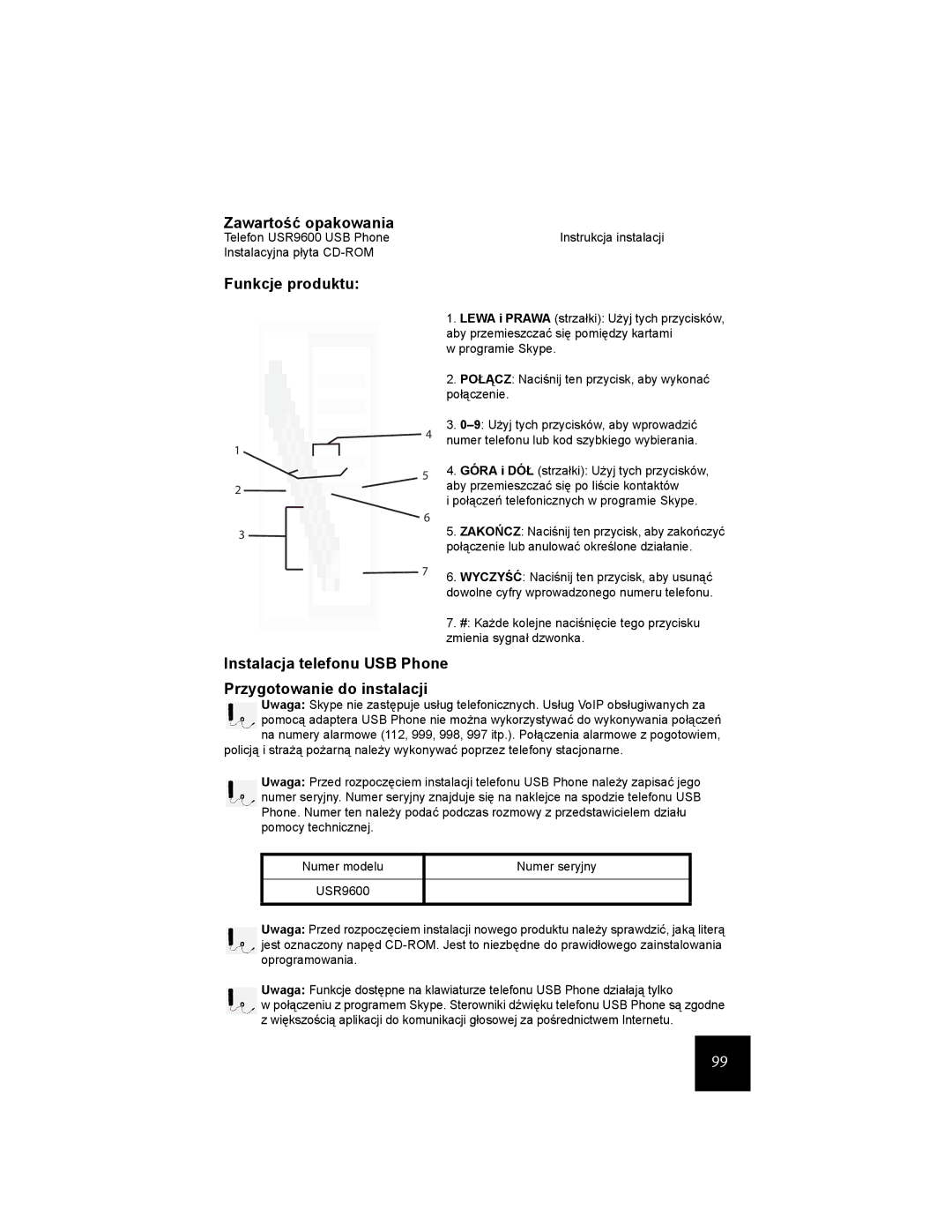 USRobotics USR9600 manual Zawartość opakowania, Funkcje produktu, Instalacja telefonu USB Phone Przygotowanie do instalacji 