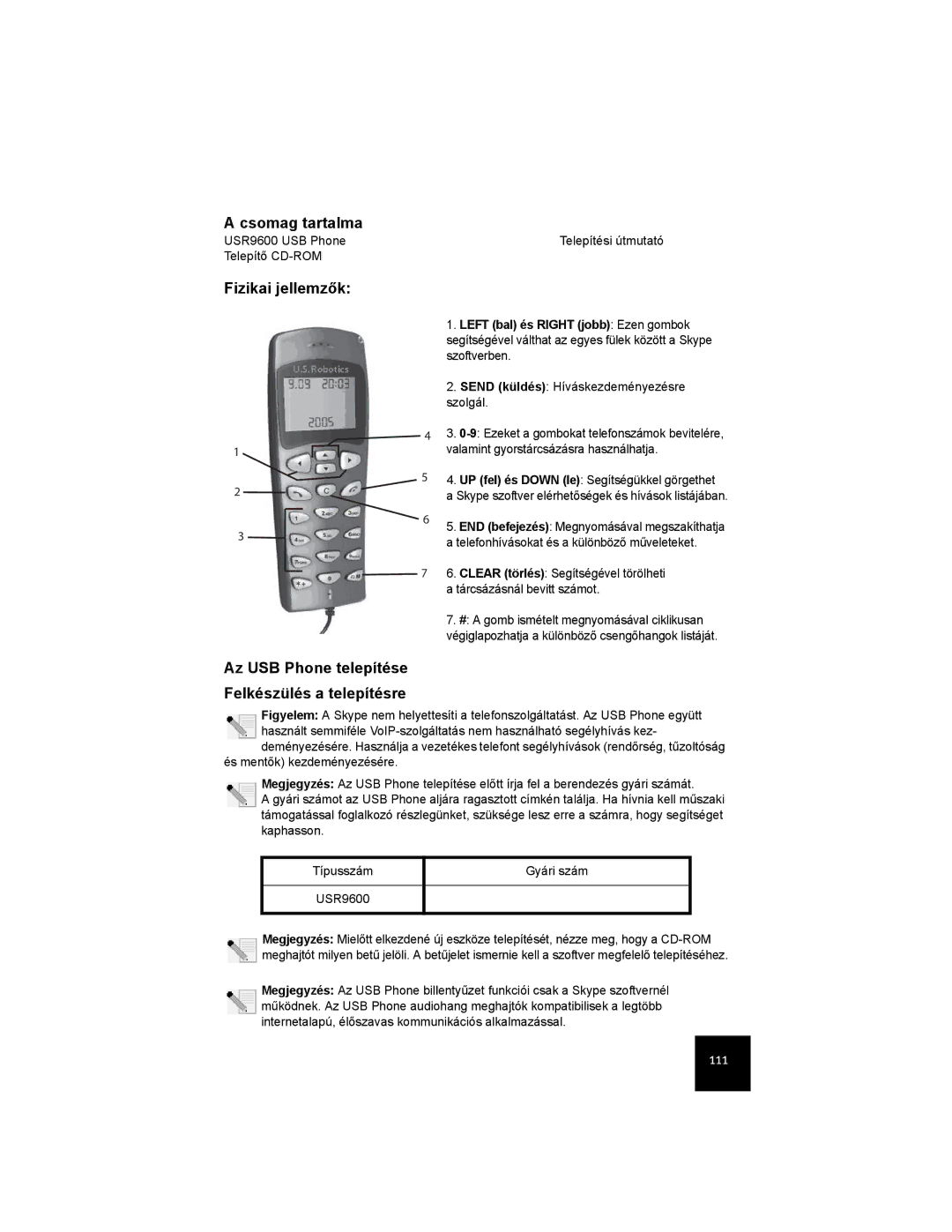 USRobotics USR9600 manual Csomag tartalma, Fizikai jellemzők, Az USB Phone telepítése Felkészülés a telepítésre 