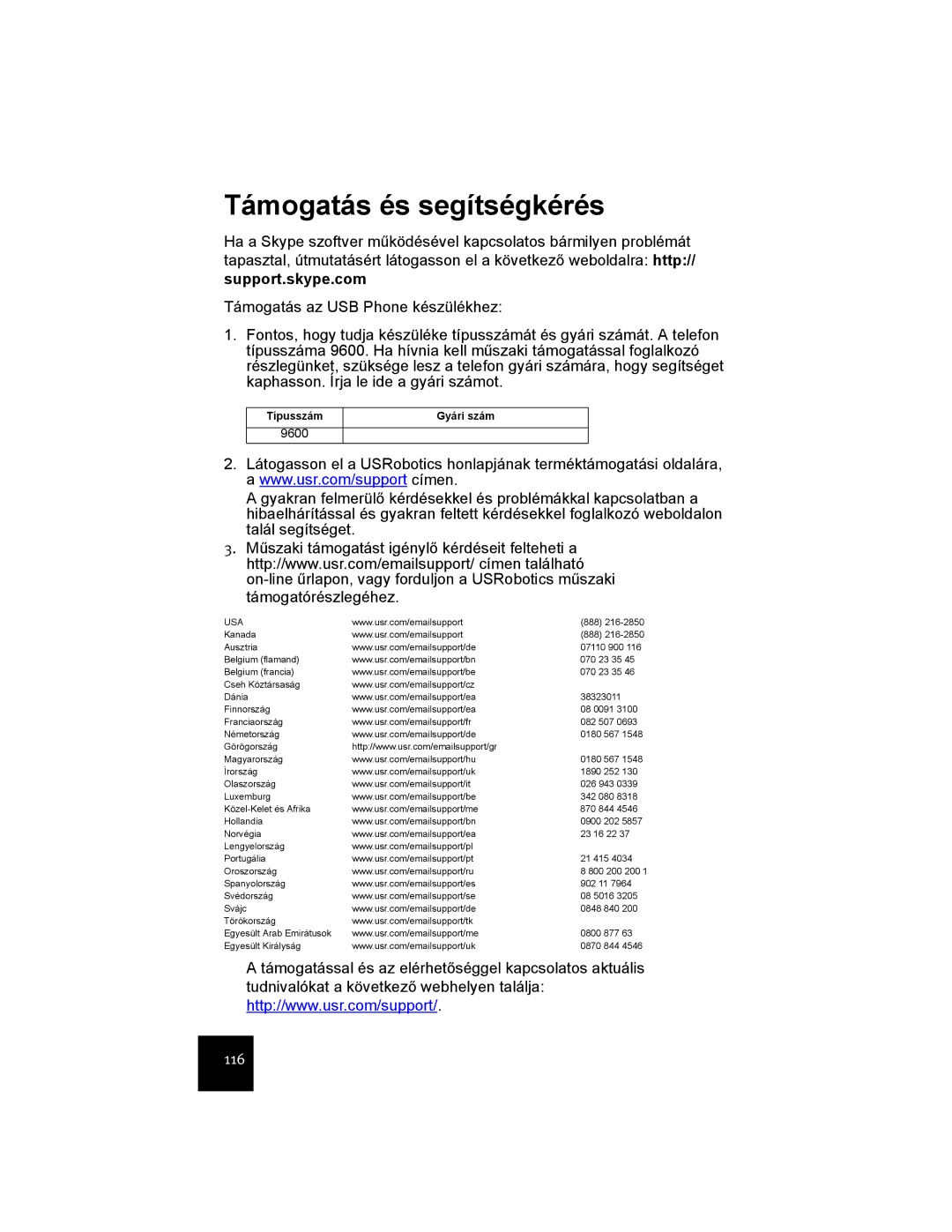 USRobotics USR9600 manual Támogatás és segítségkérés, Support.skype.com, Típusszám, Gyári szám 