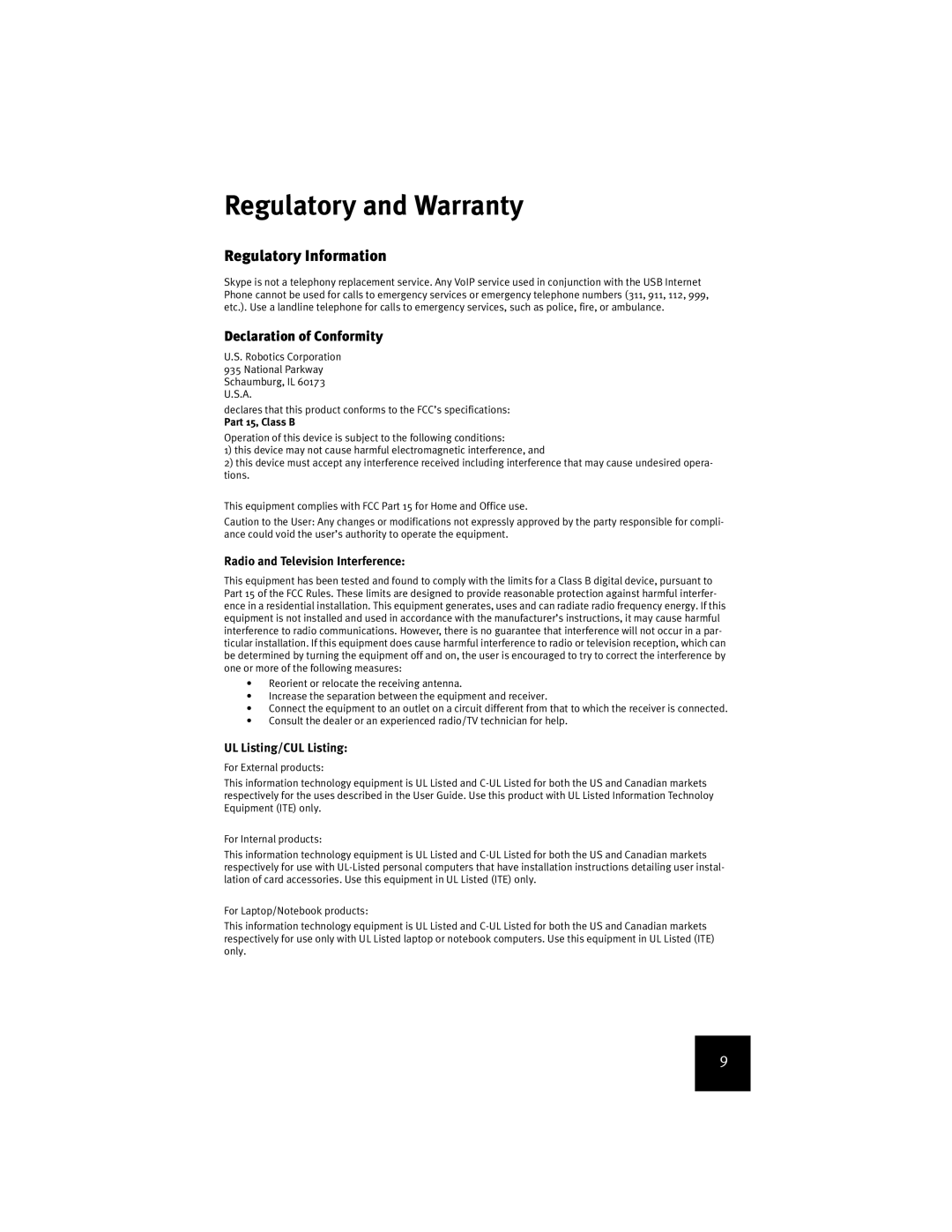 USRobotics USR9600 Regulatory and Warranty, Regulatory Information, Declaration of Conformity, UL Listing/CUL Listing 