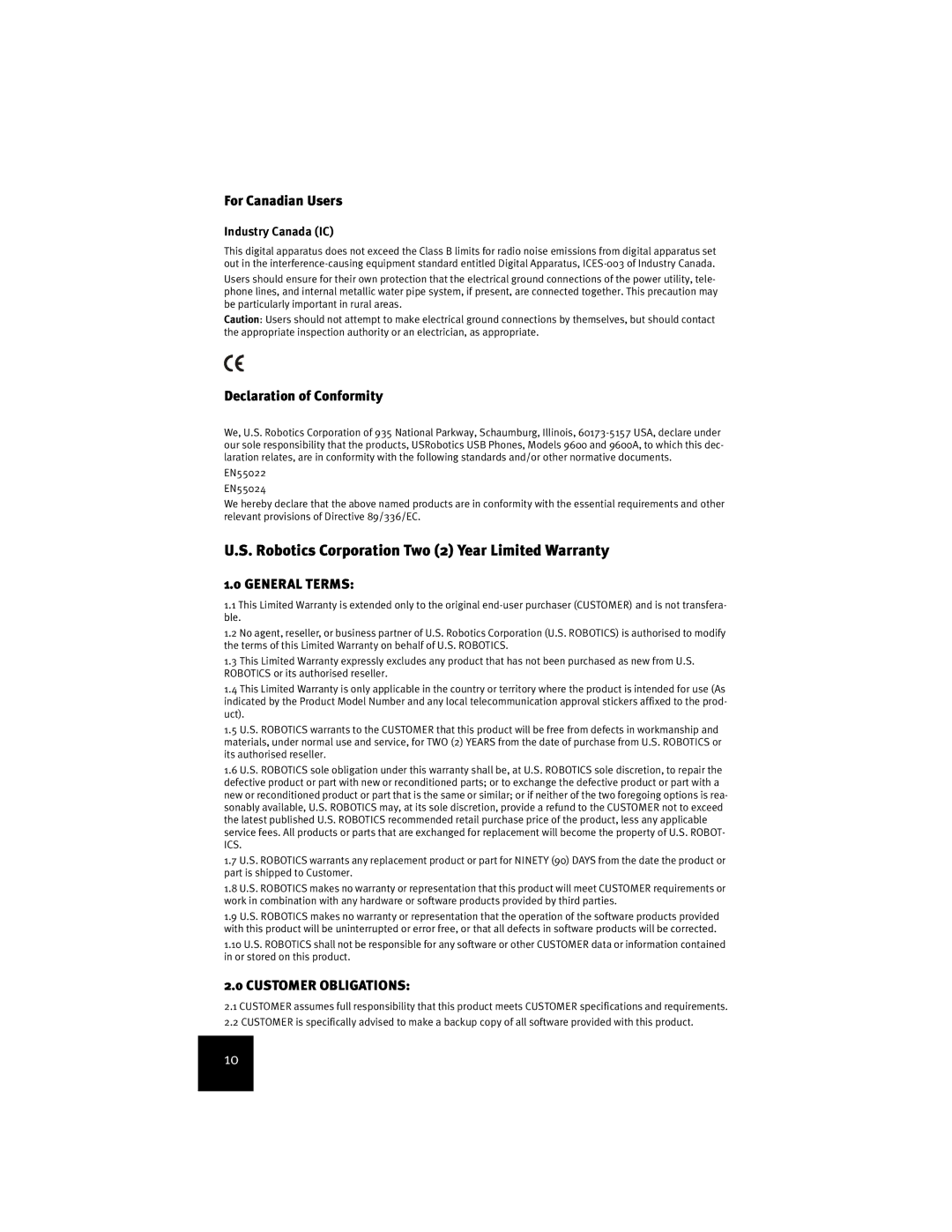 USRobotics USR9600 manual Robotics Corporation Two 2 Year Limited Warranty, For Canadian Users, Industry Canada IC 