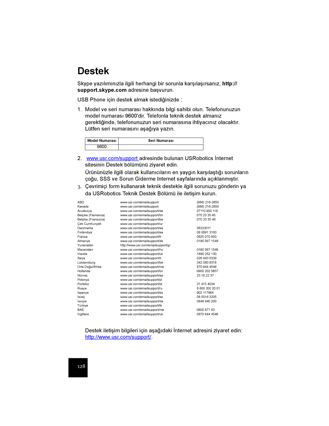 USRobotics USR9600 manual Destek, Model Numarasõ, Seri Numarasõ 