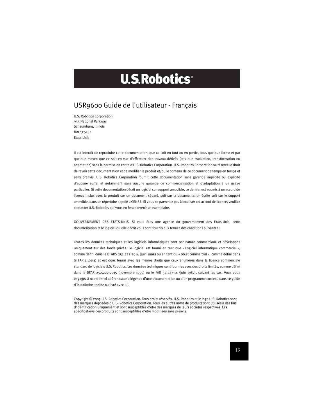 USRobotics manual USR9600 Guide de lutilisateur Français 