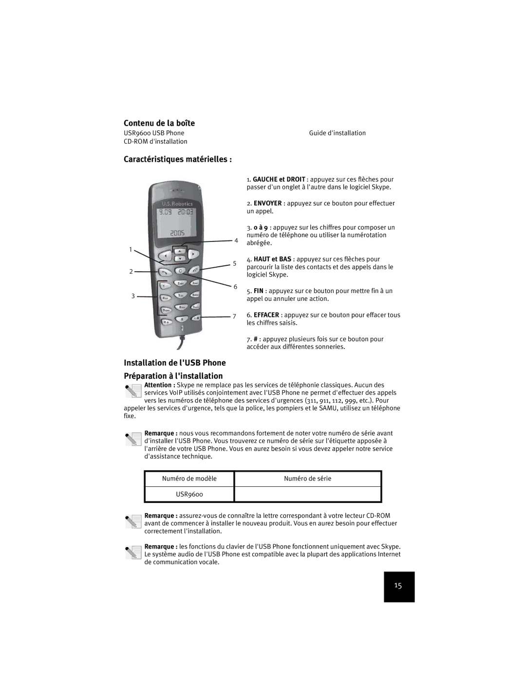 USRobotics USR9600 manual Contenu de la boîte, Caractéristiques matérielles 