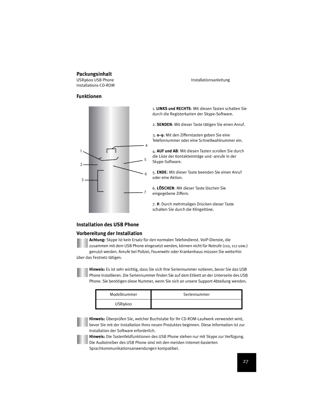 USRobotics USR9600 manual Packungsinhalt, Funktionen, Installation des USB Phone Vorbereitung der Installation 