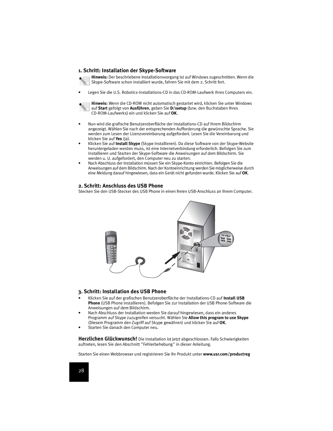 USRobotics USR9600 manual Schritt Installation der Skype-Software, Schritt Anschluss des USB Phone 