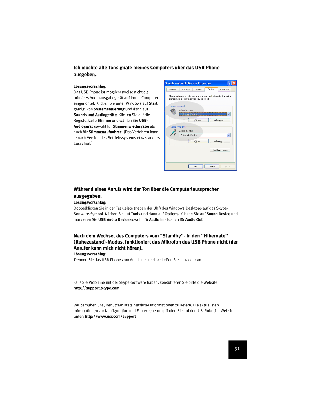 USRobotics USR9600 manual Audiogerät sowohl für Stimmenwiedergabe als, Http//support.skype.com 