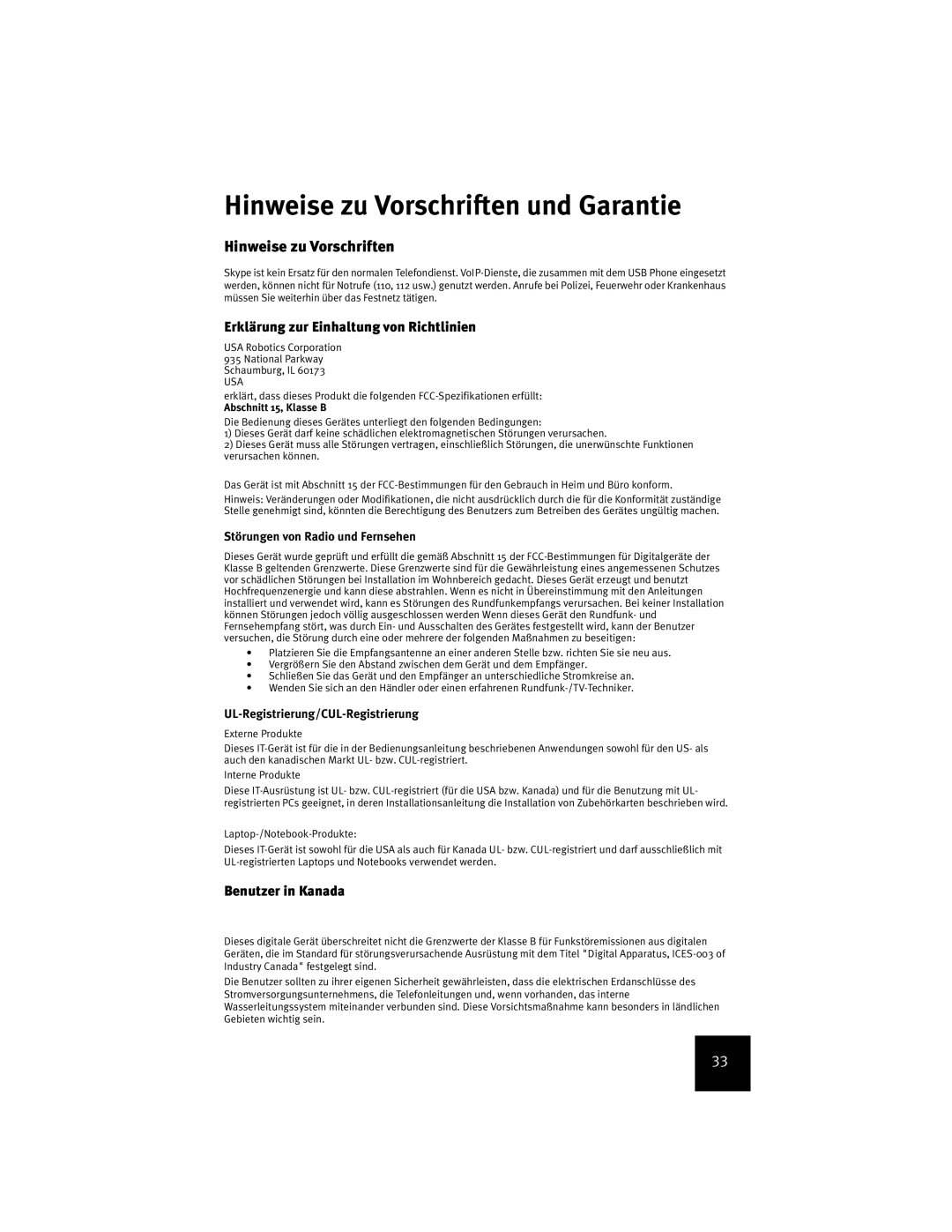 USRobotics USR9600 Hinweise zu Vorschriften und Garantie, Erklärung zur Einhaltung von Richtlinien, Benutzer in Kanada 