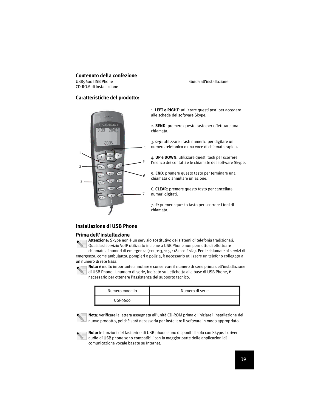 USRobotics USR9600 manual Contenuto della confezione, Caratteristiche del prodotto 