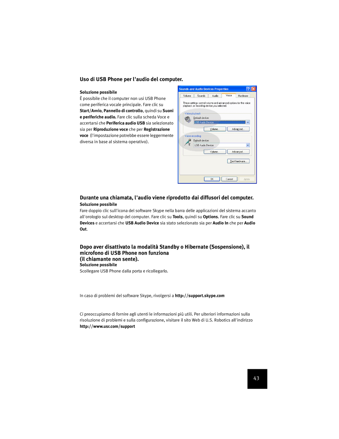 USRobotics USR9600 manual Uso di USB Phone per laudio del computer 