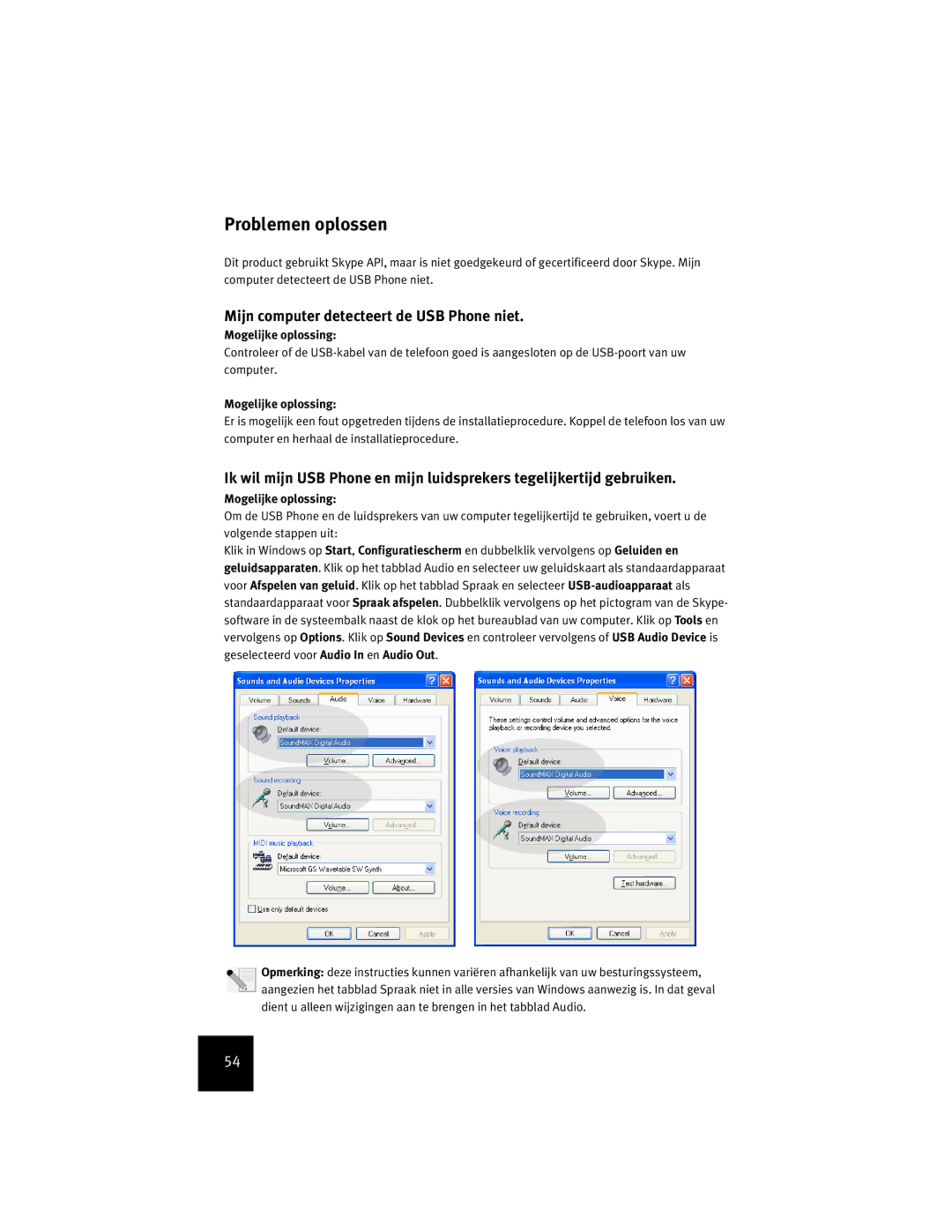 USRobotics USR9600 manual Mijn computer detecteert de USB Phone niet, Mogelijke oplossing 