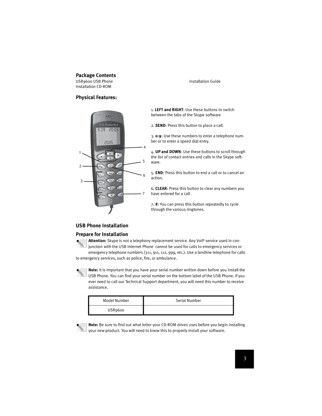 USRobotics USR9600 manual Package Contents, Physical Features, USB Phone Installation Prepare for Installation 