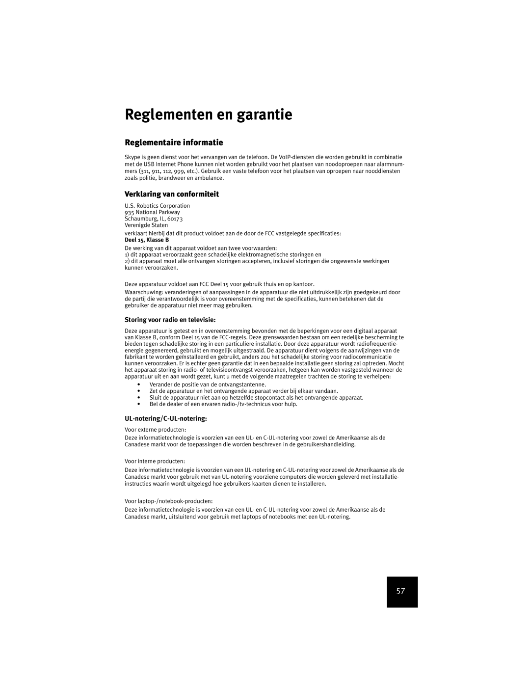 USRobotics USR9600 manual Reglementen en garantie, Reglementaire informatie, Verklaring van conformiteit 