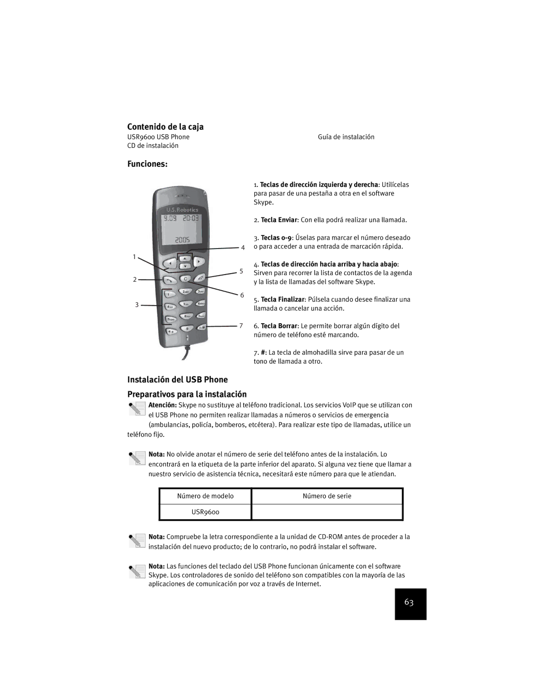 USRobotics USR9600 manual Contenido de la caja, Funciones, Instalación del USB Phone Preparativos para la instalación 