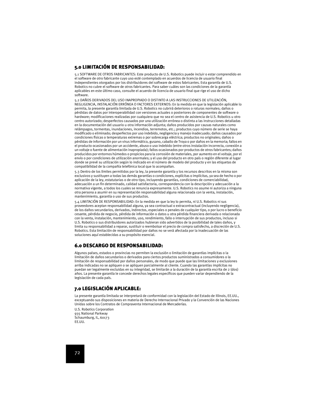 USRobotics USR9600 manual Limitación DE Responsabilidad, Descargo DE Responsabilidad, Legislación Aplicable 