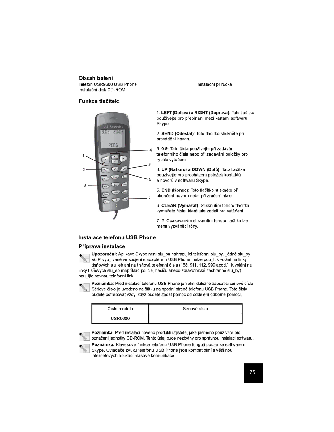 USRobotics USR9600 manual Obsah balení, Funkce tlačítek, Instalace telefonu USB Phone Příprava instalace 