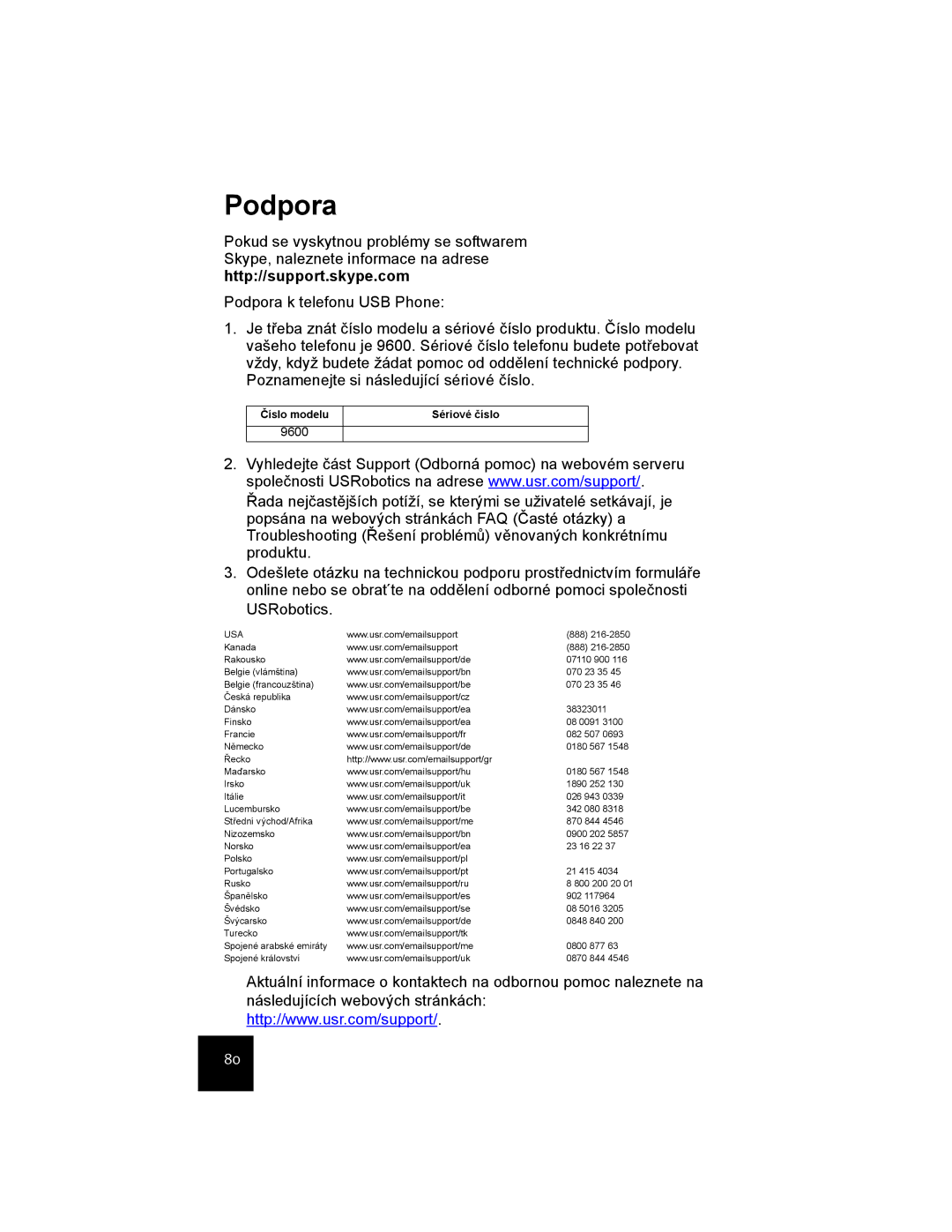 USRobotics USR9600 manual Podpora, Číslo modelu, Sériové číslo 