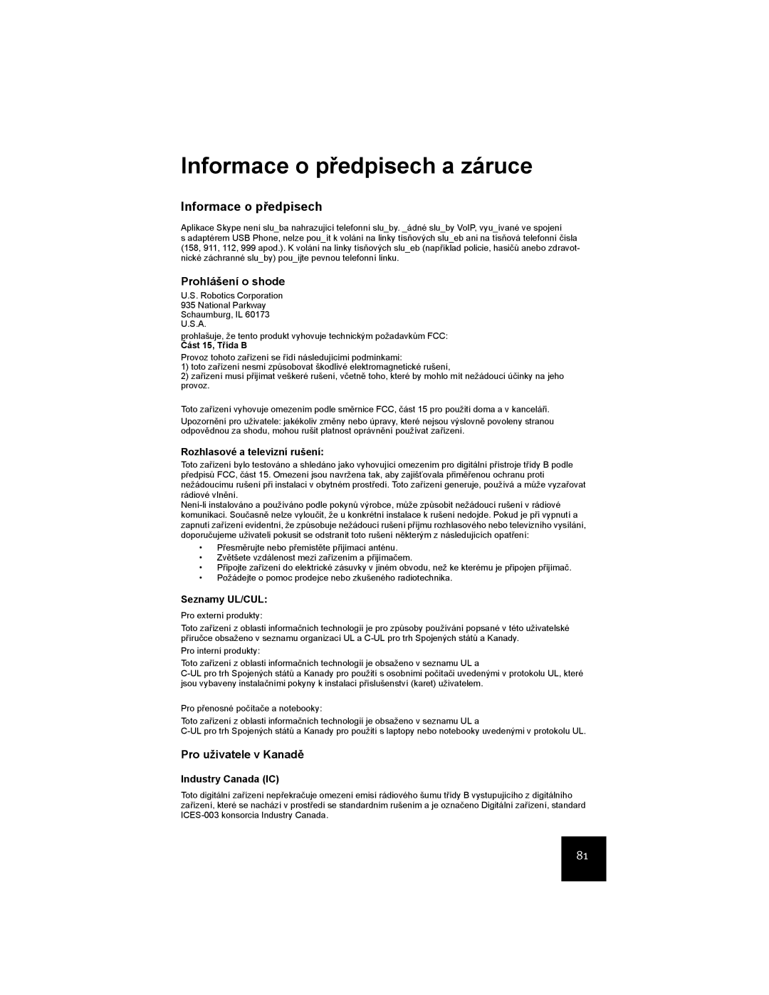 USRobotics USR9600 manual Informace o předpisech a záruce, Prohlášení o shode, Pro uživatele v Kanadě 