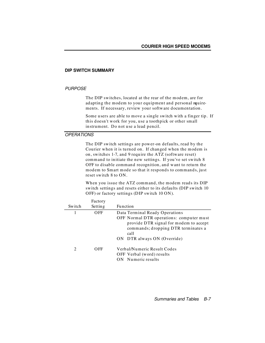 USRobotics V.34 user manual Courier High Speed Modems DIP Switch Summary, Factory Switch Setting Function 