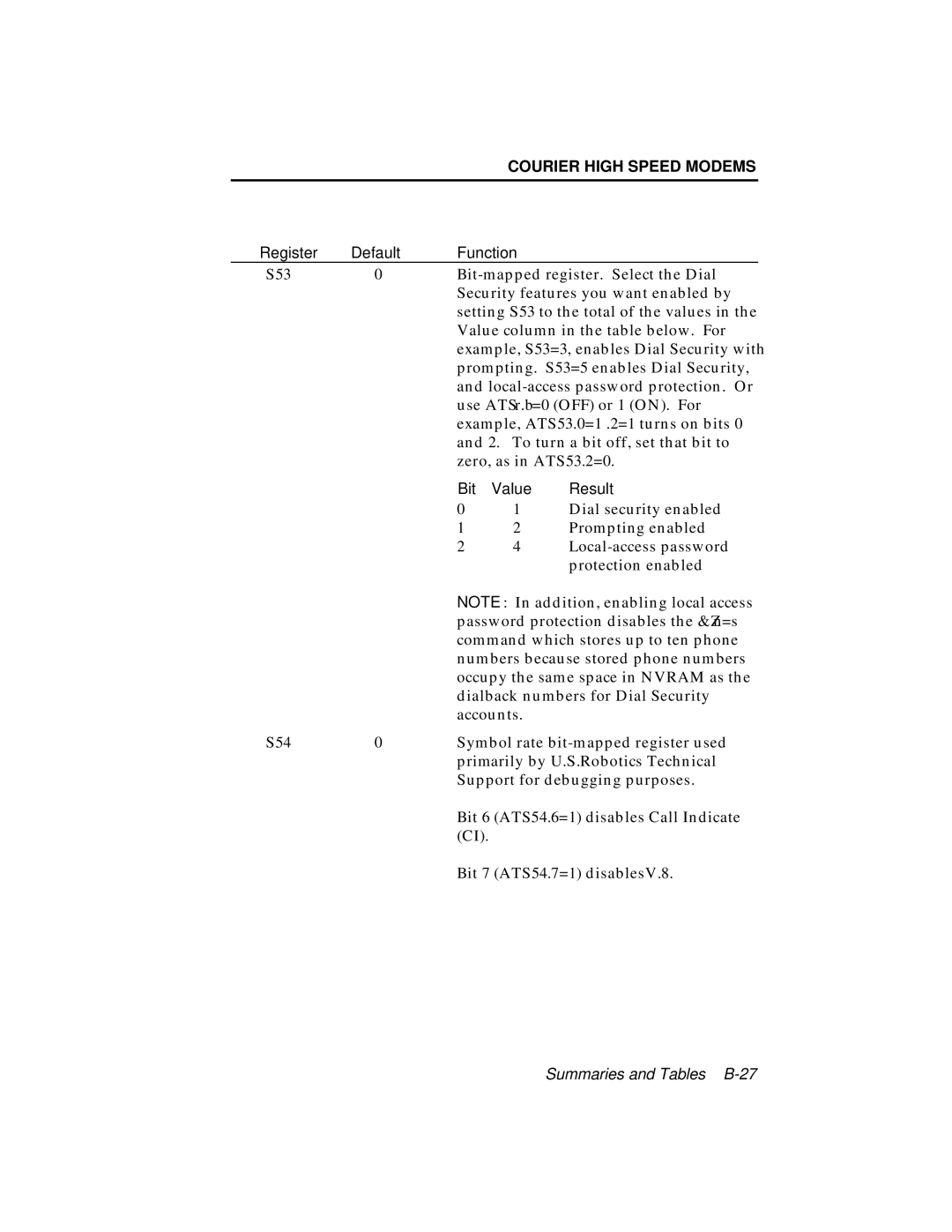 USRobotics V.34 user manual Dial security enabled 