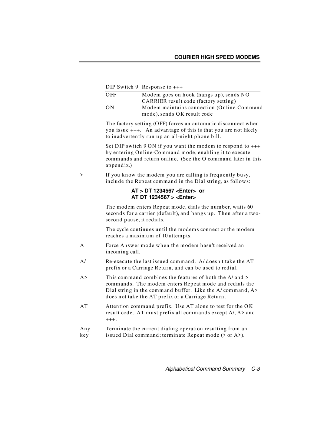 USRobotics V.34 user manual DIP Switch 9 Response to +++ 