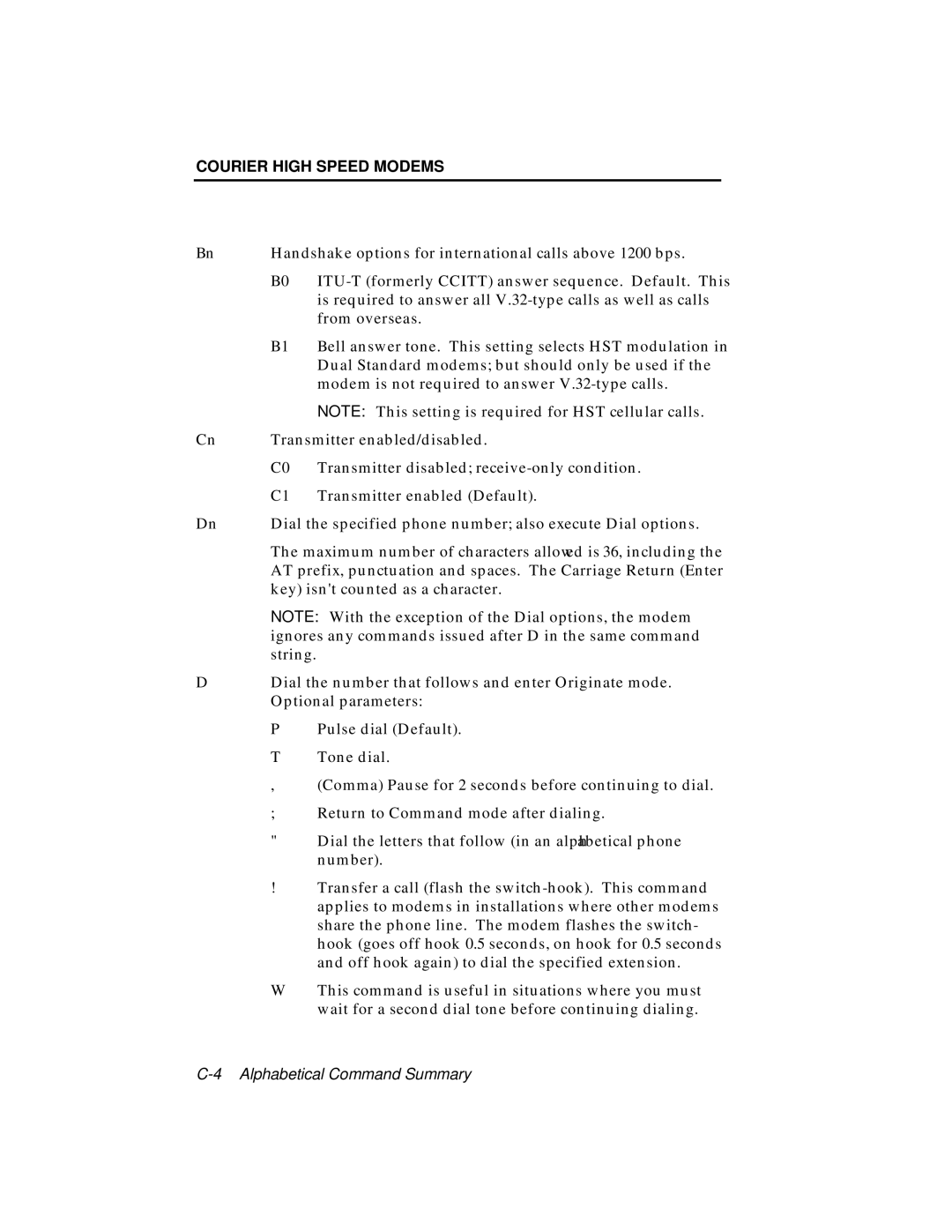 USRobotics V.34 user manual Handshake options for international calls above 1200 bps 