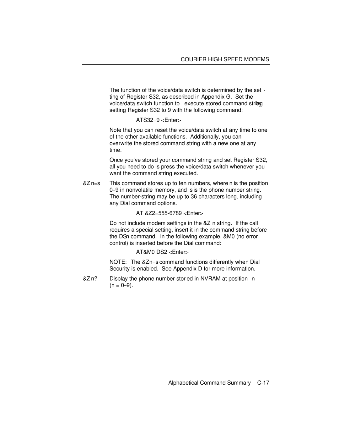 USRobotics V.34 user manual Alphabetical Command Summary C-17 