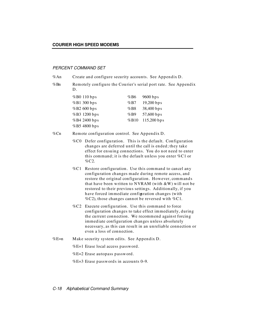 USRobotics V.34 user manual Percent Command SET 