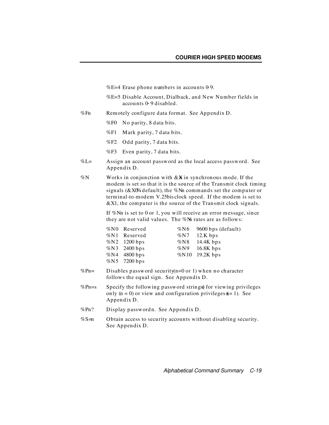 USRobotics V.34 user manual Alphabetical Command Summary C-19 