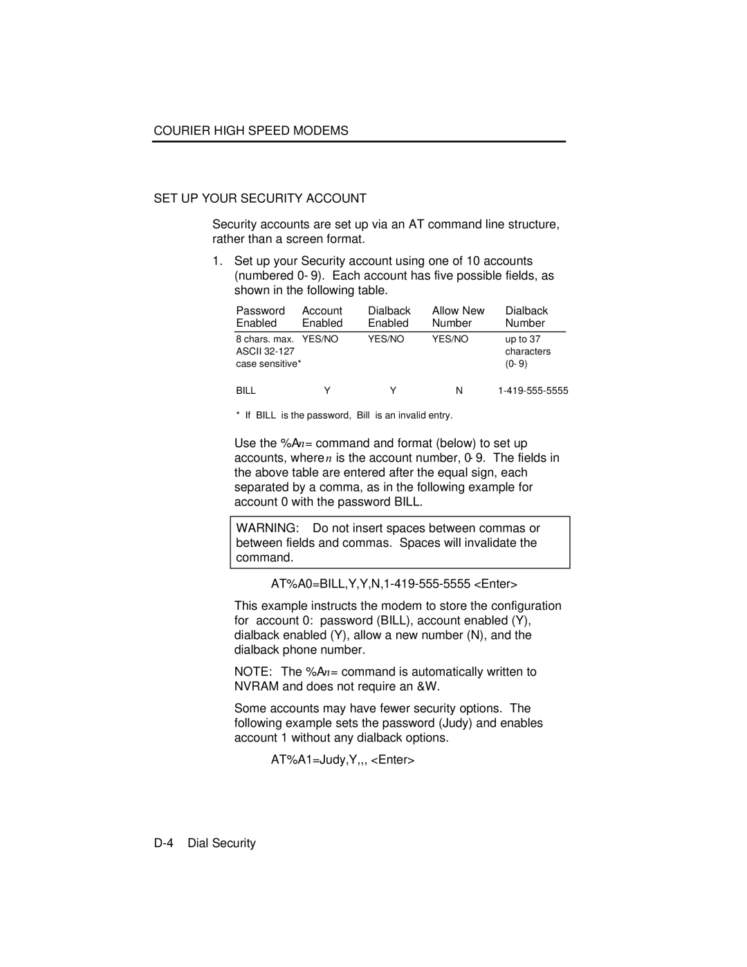 USRobotics V.34 user manual AT%A0=BILL,Y,Y,N,1-419-555-5555 Enter, AT%A1=Judy,Y,,, Enter 