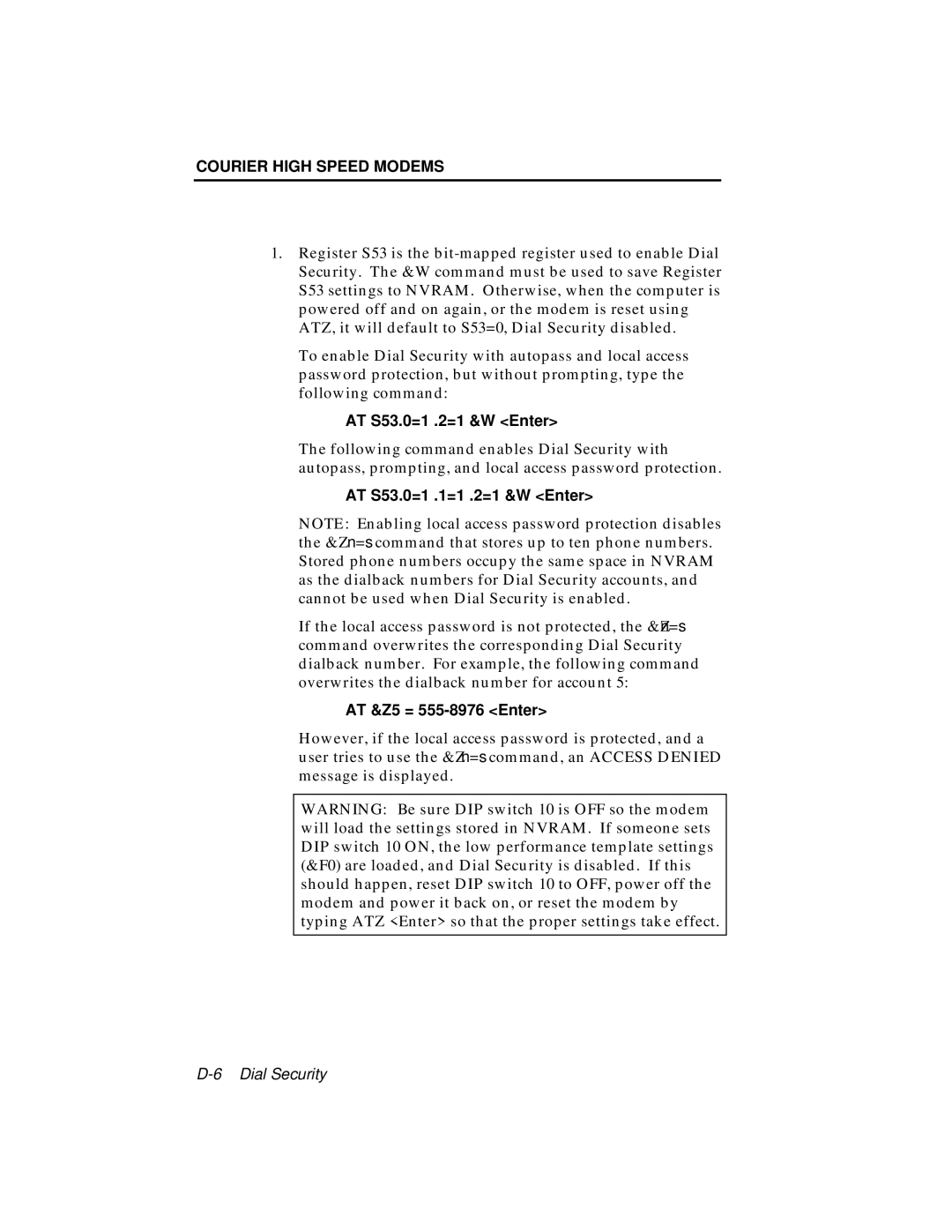 USRobotics V.34 user manual AT S53.0=1 .2=1 &W Enter, AT S53.0=1 .1=1 .2=1 &W Enter, AT &Z5 = 555-8976 Enter 