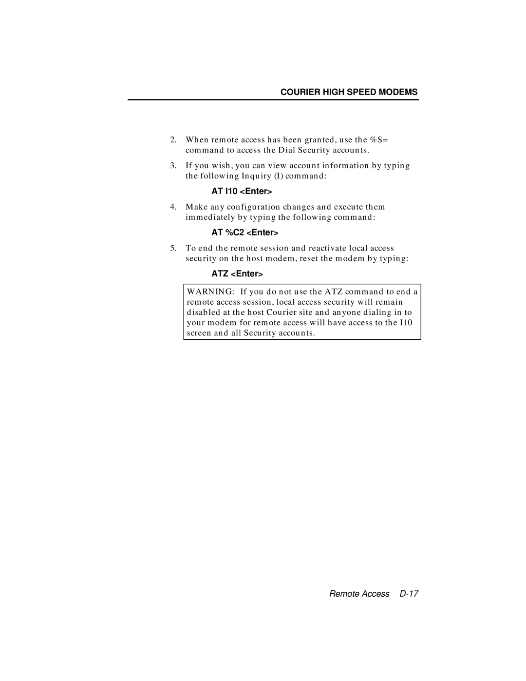 USRobotics V.34 user manual AT I10 Enter, AT %C2 Enter 