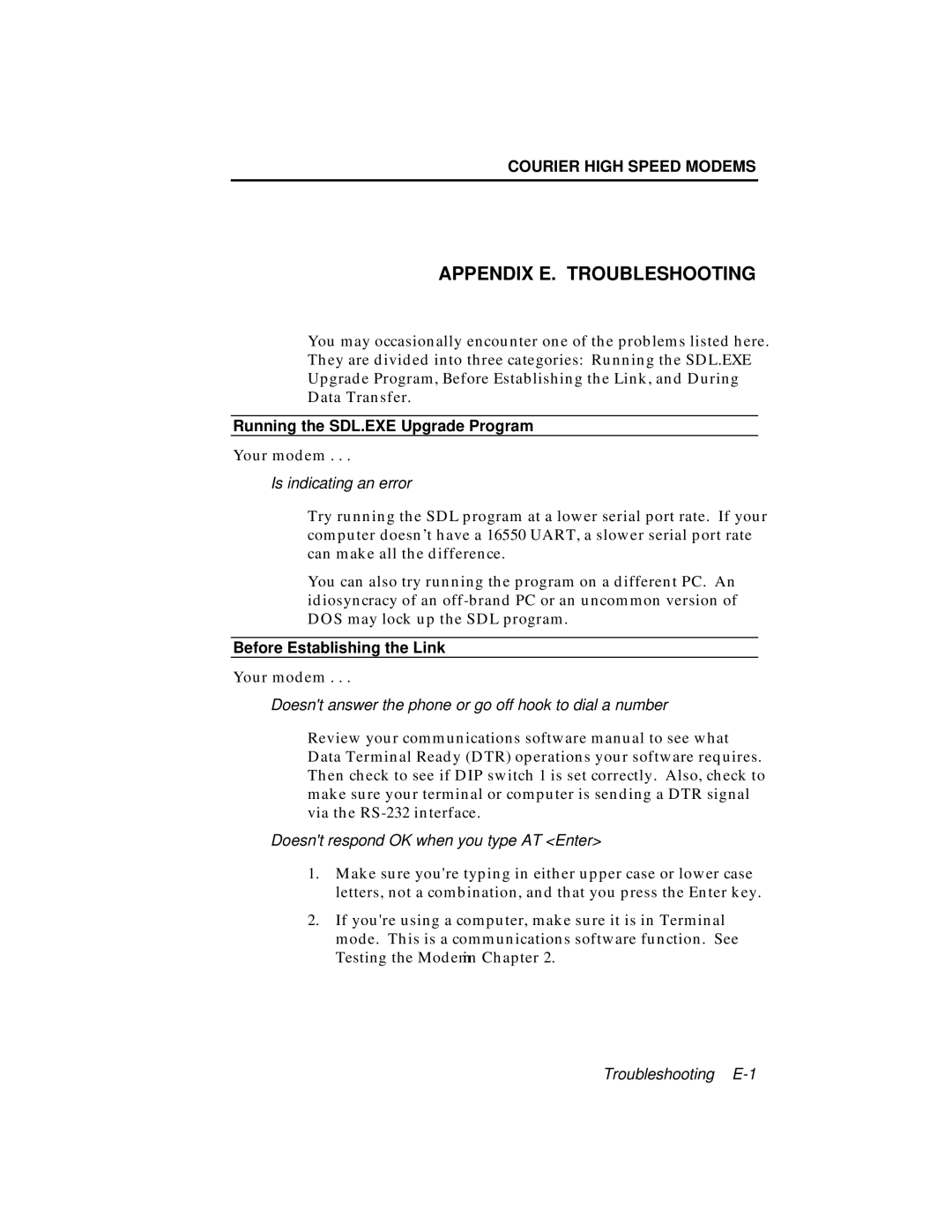 USRobotics V.34 user manual Appendix E. Troubleshooting, Running the SDL.EXE Upgrade Program, Before Establishing the Link 