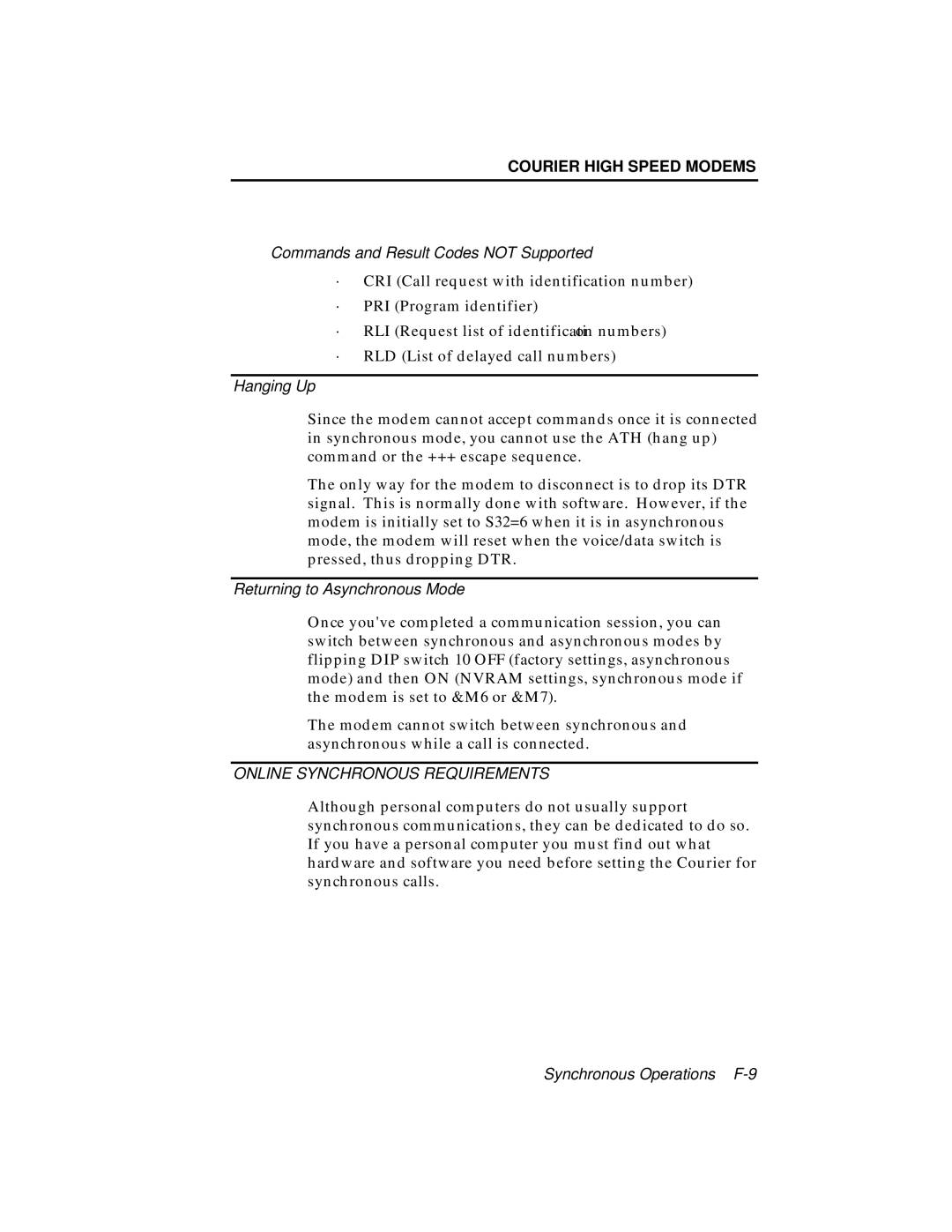 USRobotics V.34 user manual Online Synchronous Requirements 