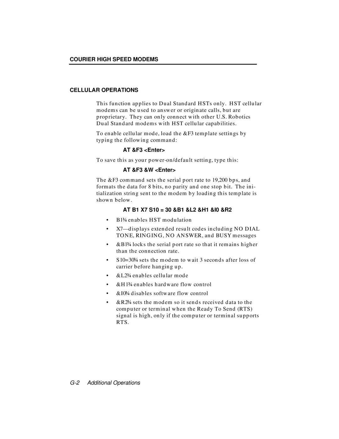 USRobotics V.34 user manual Courier High Speed Modems Cellular Operations, AT &F3 Enter, AT &F3 &W Enter 