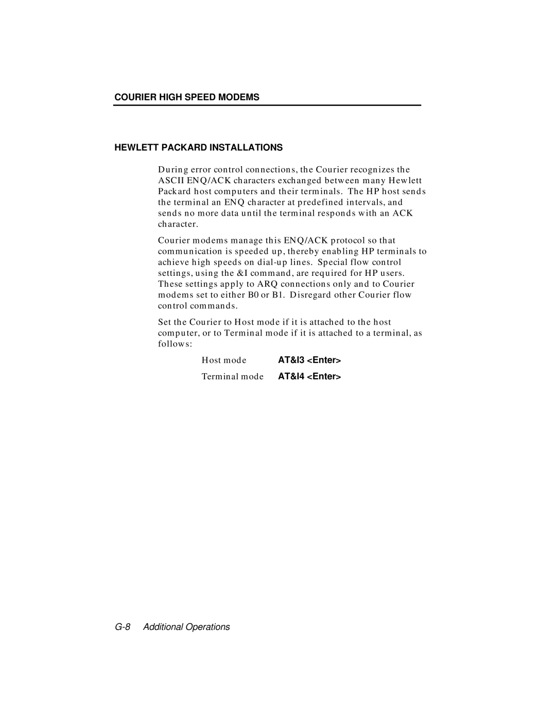 USRobotics V.34 user manual Courier High Speed Modems Hewlett Packard Installations, Host mode, AT&I3 Enter, Terminal mode 