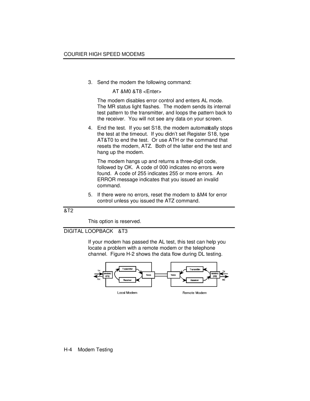 USRobotics V.34 user manual AT &M0 &T8 Enter, Figure H-2⎯Data Flow During Digital Loopback 