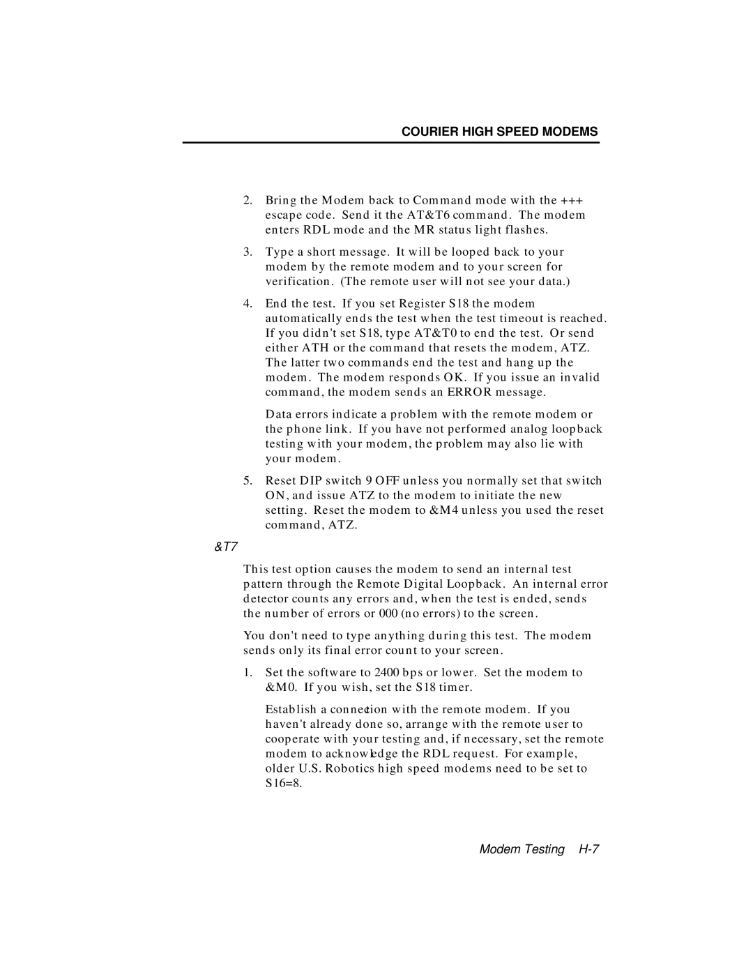 USRobotics V.34 user manual Modem Testing H-7 