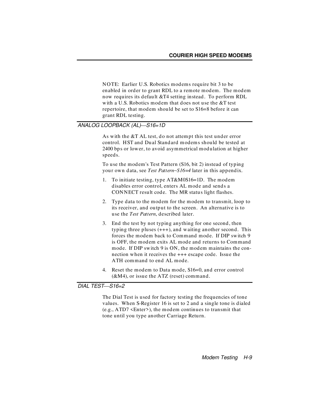 USRobotics V.34 user manual Analog Loopback AL⎯S16=1D 