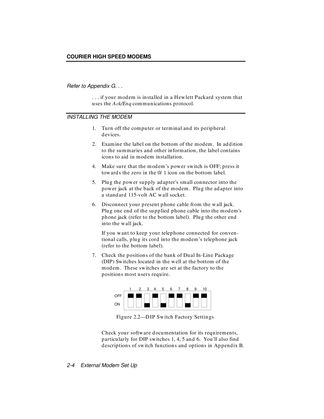 USRobotics V.34 user manual DIP Switch Factory Settings 