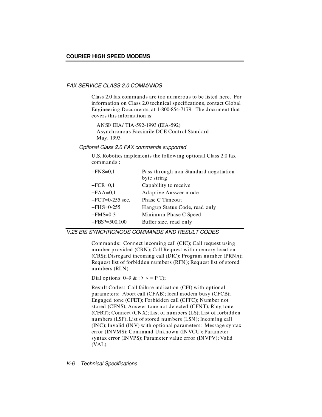 USRobotics V.34 user manual FAX Service Class 2.0 Commands 