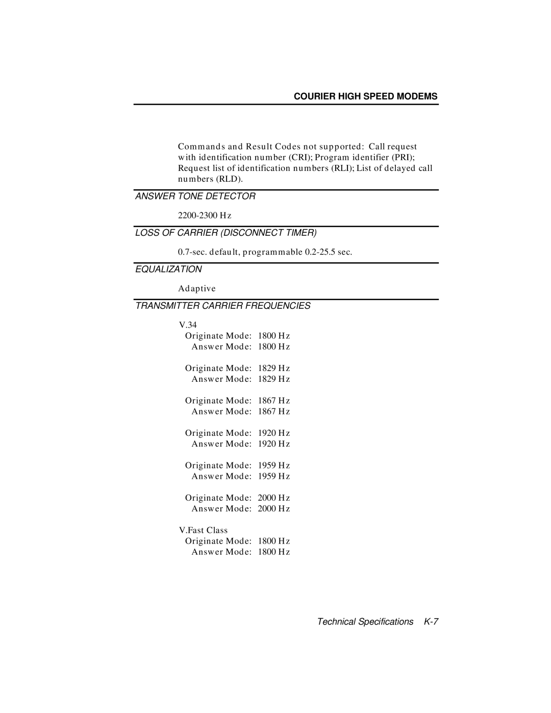 USRobotics V.34 user manual 2200-2300 Hz 