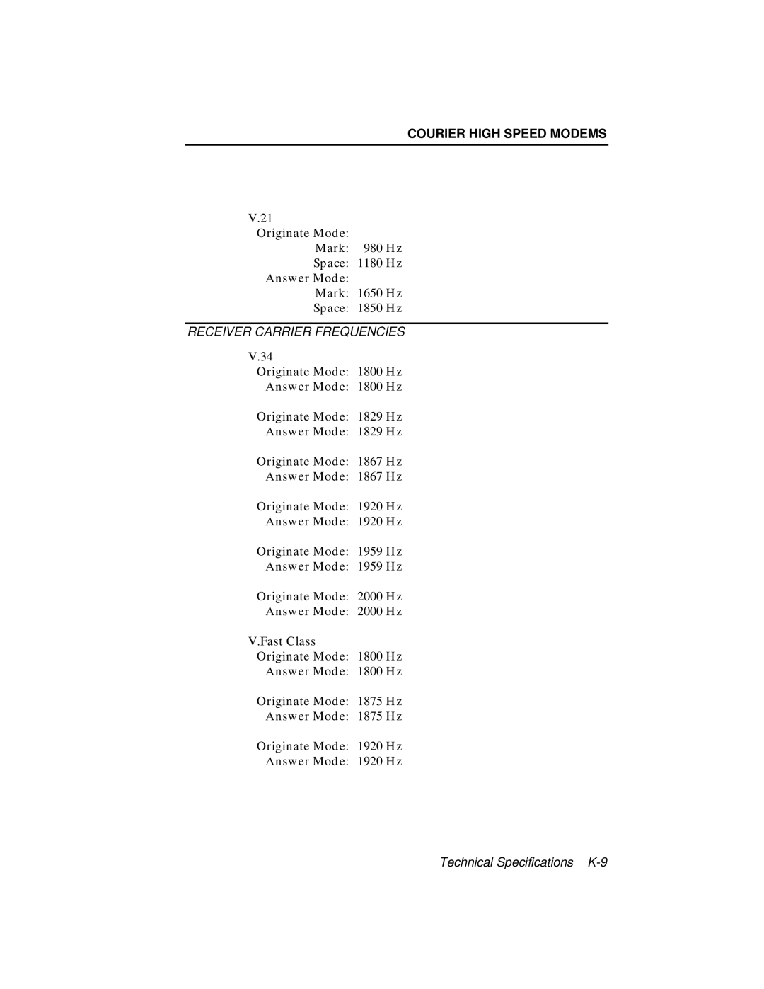 USRobotics V.34 user manual Receiver Carrier Frequencies 