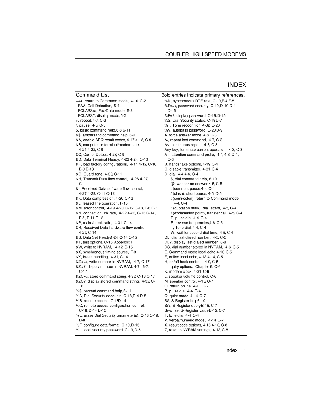 USRobotics V.34 user manual Index, Command List 