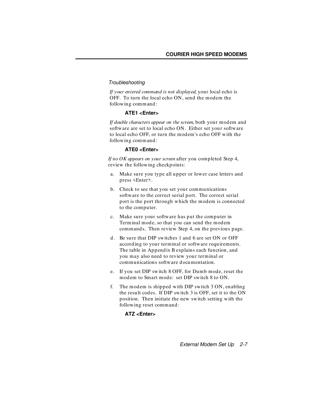 USRobotics V.34 user manual ATE1 Enter, ATE0 Enter, ATZ Enter 