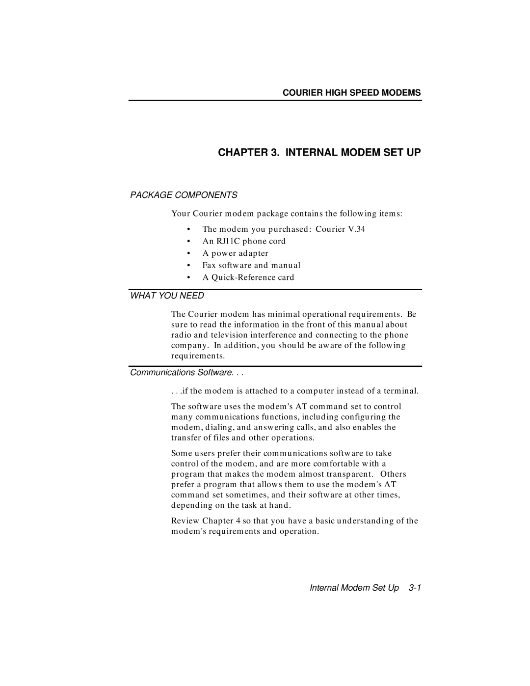 USRobotics V.34 user manual Internal Modem SET UP 