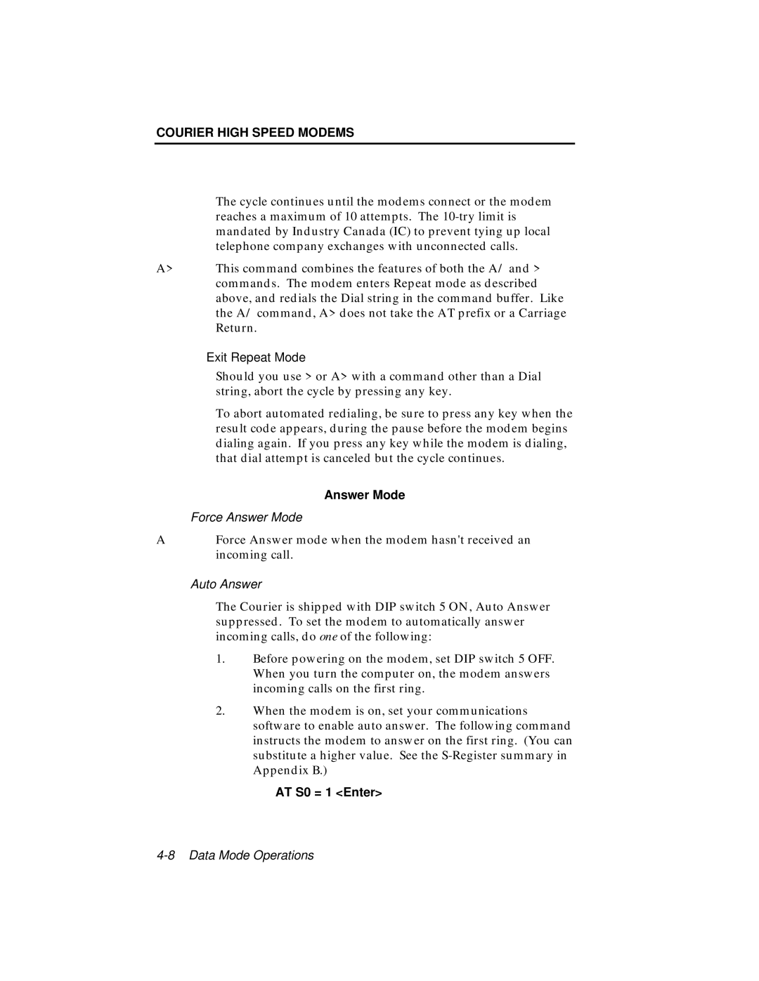 USRobotics V.34 user manual Answer Mode, AT S0 = 1 Enter 