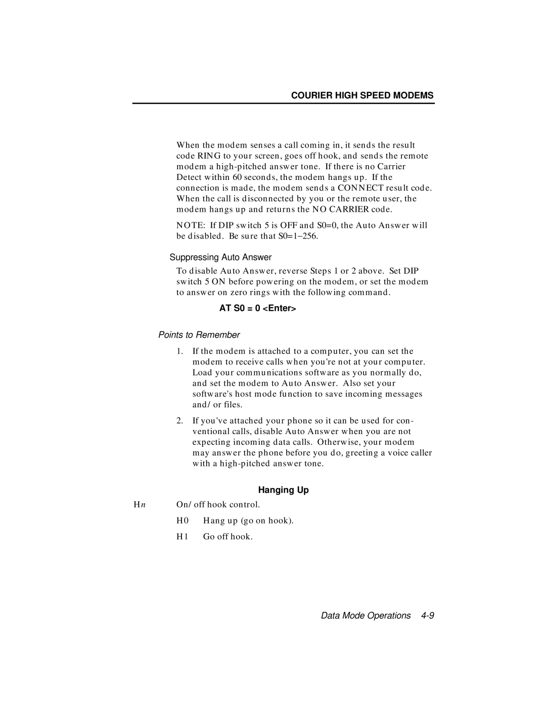 USRobotics V.34 user manual AT S0 = 0 Enter, Hanging Up 