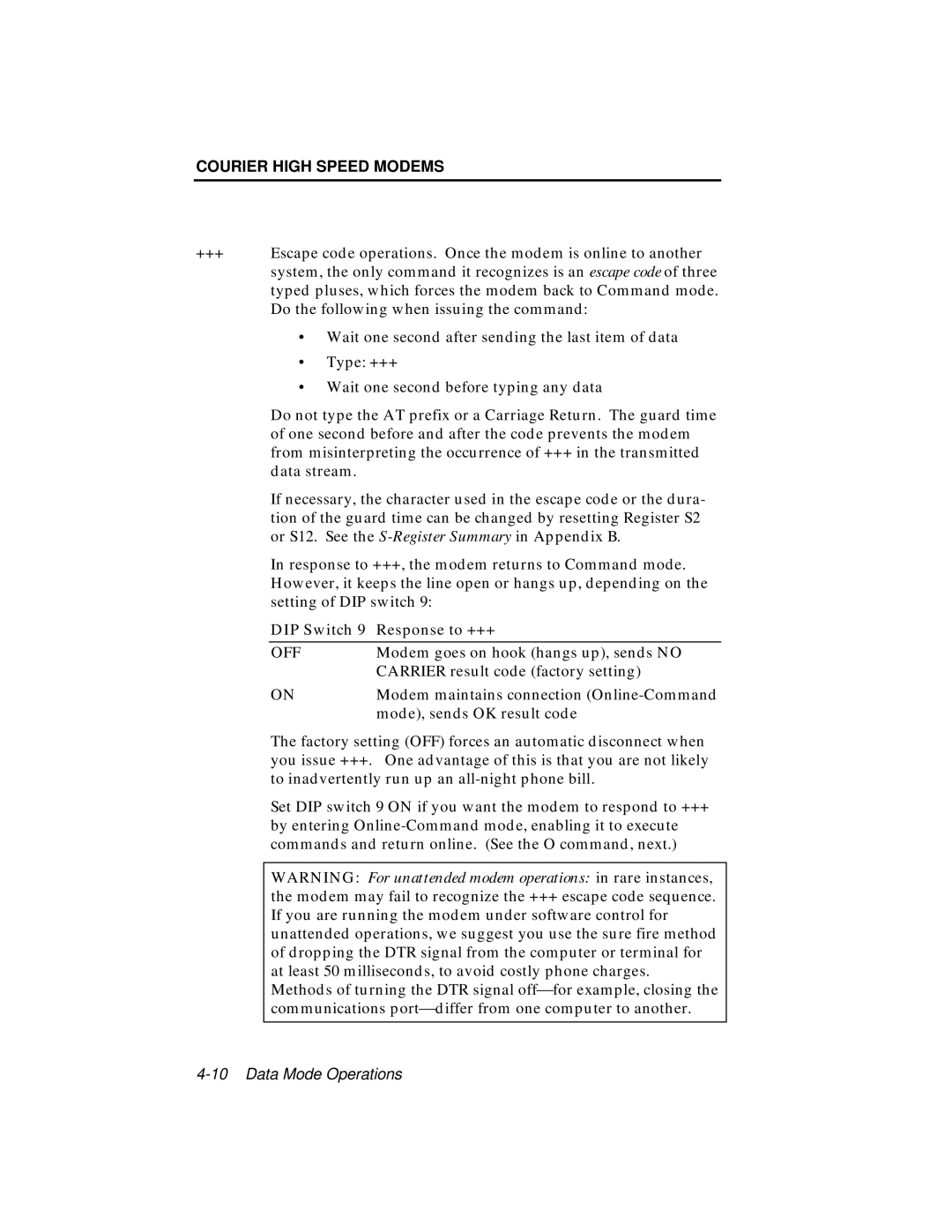 USRobotics V.34 user manual DIP Switch 9 Response to +++, Off 