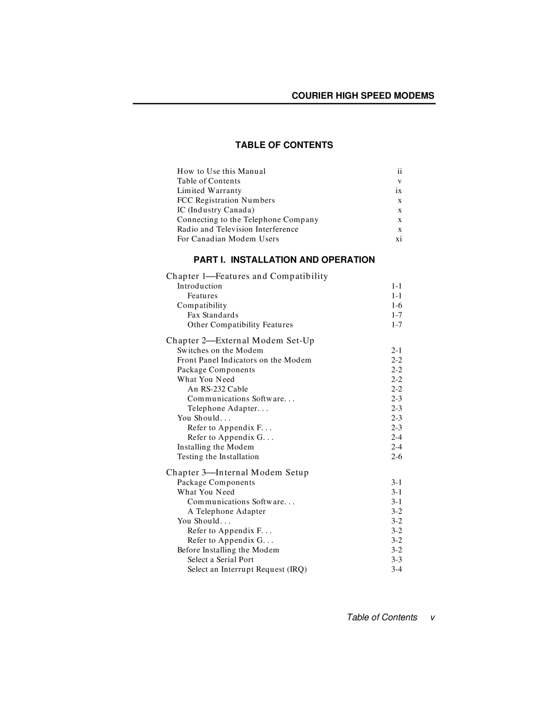 USRobotics V.34 Courier High Speed Modems Table of Contents, Part I. Installation and Operation, ⎯External Modem Set-Up 